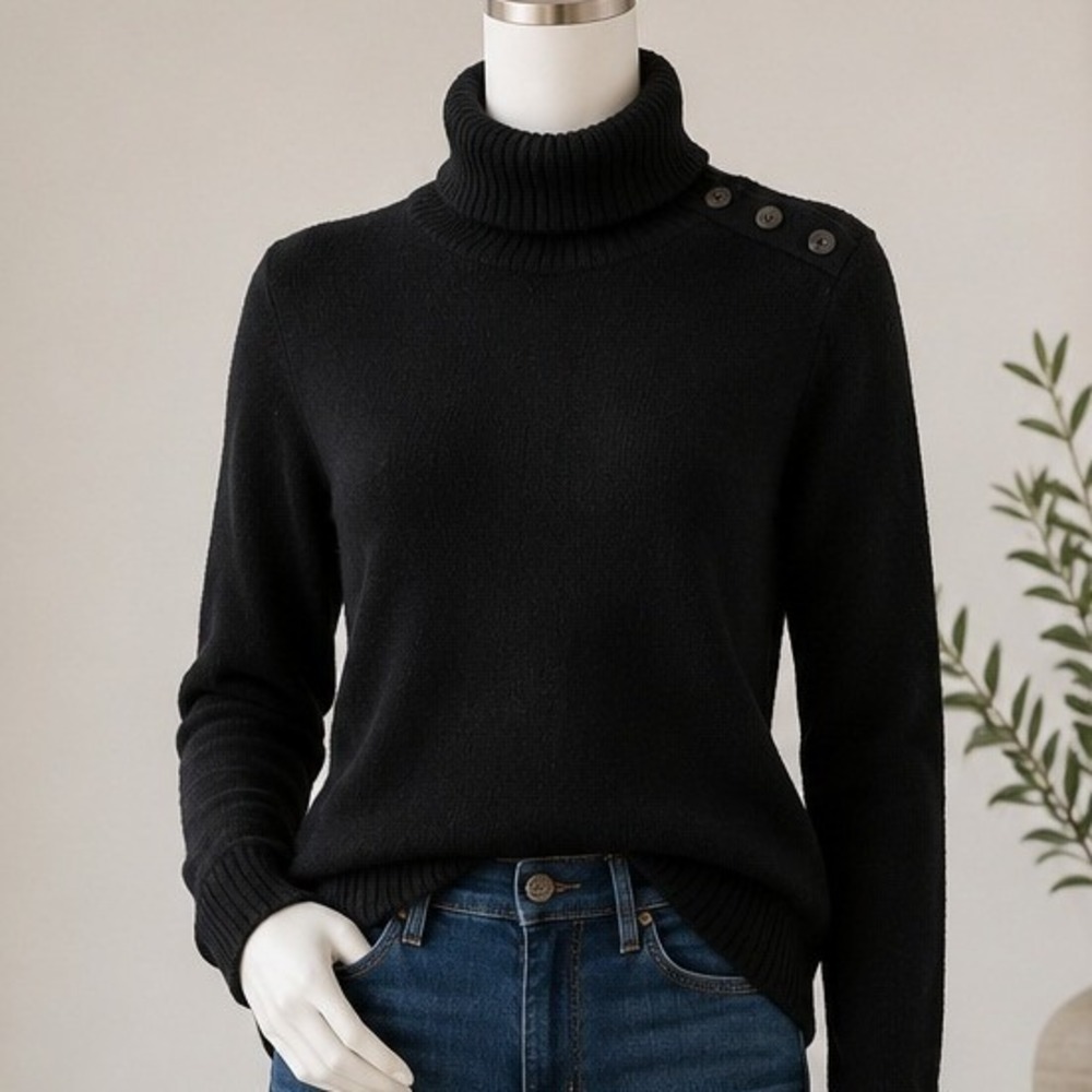 Gap Womens Sweater Black Button Shoulder Cozy Turtleneck Knit S